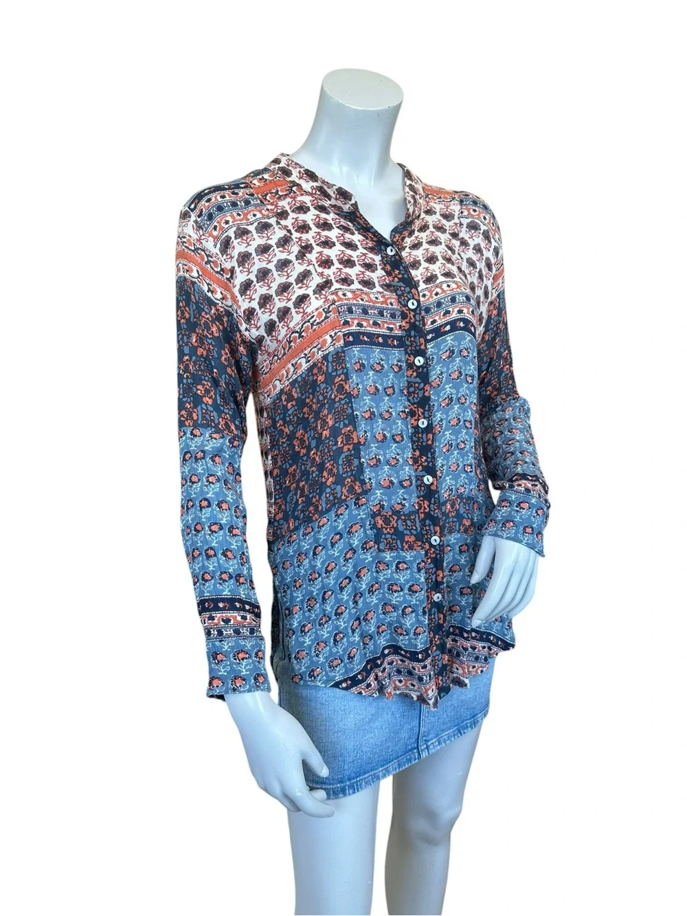 Free People Samba Orange Blue Paisley Tapestry Patchwork Boho Button Up Shirt XS